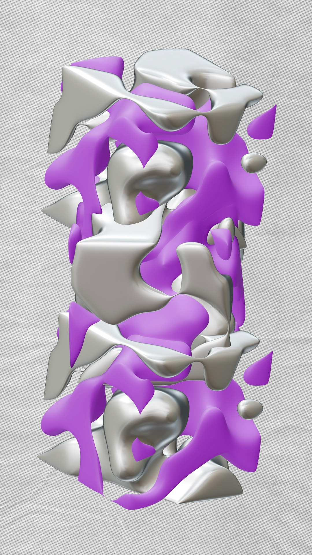 An abstract sculpture with silver and purple shapes.